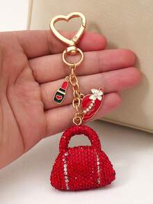 1pc Red Rhinestone Handbag Keychain,With Lipstick, High Heels, Hat 3D Alloy Charms Decoration,High Quality Heart Buckle Shiny Keyring For Women, Rhinestone Accessories For Purse, Cute Girly Stuff, Car Keys, Wallet, And Handbag - Handbag - View 8