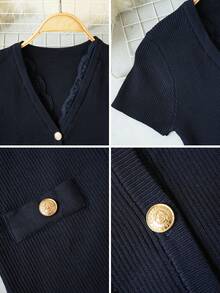 Lace Patchwork V-Neck Metal Button Short Sleeve Cardigan, Sexy & Elegant Knit Top, Spring/Summer - Navy Blue - View 6