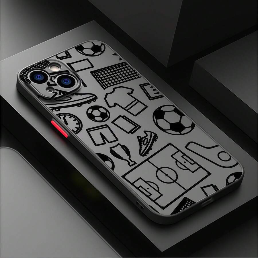 1pc Personalized Matte Frosted Phone Case With Football Graffiti Design, Compatible With Apple 17, 16, 15 Pro Max, 14 Plus, High-Quality Silicone Protective Cover - Black - View 1