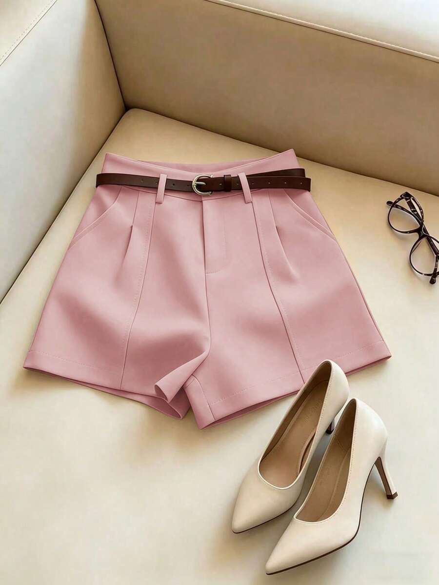 Pantalones cortos minimalistas de moda francesa, tejidos de unicolor, casuales para ir al trabajo, retro, de cintura alta, con silueta A y pierna ancha, para mujeres - Rosa - Ver 1