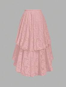 2026 Nuevo Falda de jacquard floral regalado vintage de doble capa con bajo de diseño alto-bajo, atuendo para citas, fiestas, cumpleaños, festivales, bailes de graduación, y cruceros - Rosa - Ver 1