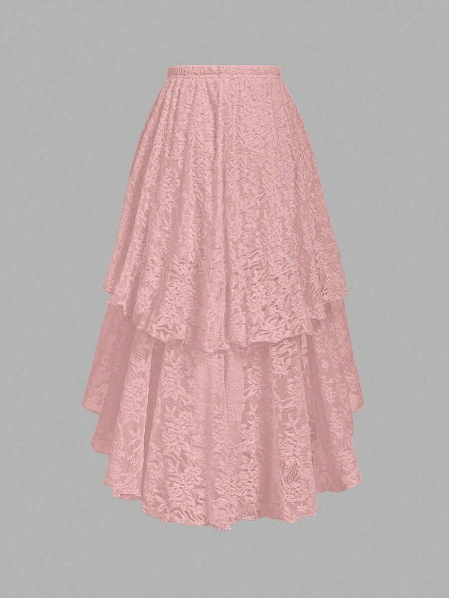 2026 Nuevo Falda de jacquard floral regalado vintage de doble capa con bajo de diseño alto-bajo, atuendo para citas, fiestas, cumpleaños, festivales, bailes de graduación, y cruceros - Rosa - Ver 1