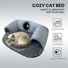 2-In-1 Cat Tunnel Bed With Plush Cushion, Multi-Size Optional, Soft Warm Hideaway With Interactive Toy, Cozy Cat Play & Rest Cave For Indoor Cats - Grey - View 11