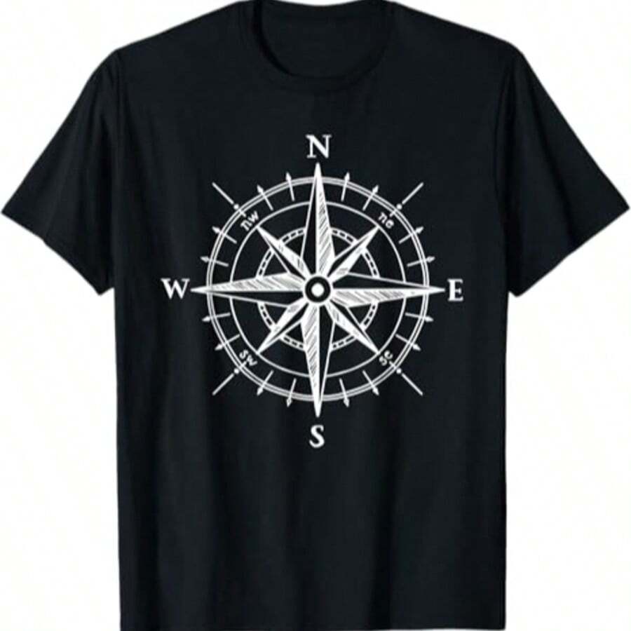 Nautical T-Shirt With Hand-Drawn Compass Rose - 黑色 - 查看 1