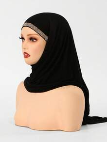 1pc Women's Solid Color Self-Tie Rhinestone Headscarf, Soft Breathable Moisture-Wicking Silky Cotton Rhinestone Triangle Scarf, Fashionable And Practical, Muslim Rhinestone Headscarf With Elastic Band, Convenient Quick Wear And Non-Slip, No Need For Pins, Suitable For Daily Styling, Running, Yoga, Fitness, Camping Or Vacation - Multi-color - Rhinestone Design - View 10