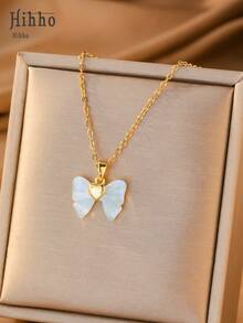 Hihho [1pc]Gentle Style Iridescent Mother Of Pearl Bow Necklace, Multiple Colors Available, Elegant Design, Versatile For Any Occasion, Suitable For Daily Commute, Weekend Dates, Travel Photos, Pairs Well With T-Shirts, Camisoles, And Dresses - Bow - View 14