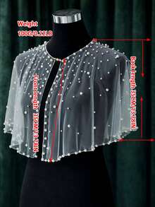 1pc Short Beaded Wedding Shawl, Bridal Cape, Wedding Party Dress Accessory, Thin Mesh Fabric - Milky White - I - View 6
