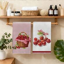 2PCS Kitchen Towels Red Plaid Cherry Pattern, 40*60cm Country Farm Style Rectangular Dishcloth, Tablecloth, Hand Towel, Kitchen Decor, Neighbor Housewarming Gift, Kitchen Napkin And Dishcloth, Home Decor Gift - Red - View 10