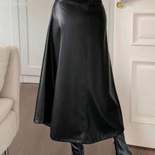 Yunuo Menswear  Falda larga elegante de cintura alta con abertura en A, falda de mujer de cuero sintético para invierno - Café integral - Ver 4