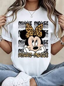 Disney-Licensed Women's Short-Sleeve T-Shirt For Spring And Summer Featuring A Print Of Minnie Mouse With A Leopard Pattern And A Bow, Along With The Text 'MINNIE MOUSE'. This New Casual Short-Sleeve Top From The Disney Collection For 2026 Is Perfect For Spring. - 白色 - 查看 1
