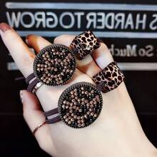 3pcs Girls' Simple Leopard Print Square & Round Buckle Rhinestone Knot Hair Ties, Exquisite Ponytail Hair Bands - Black - View 1