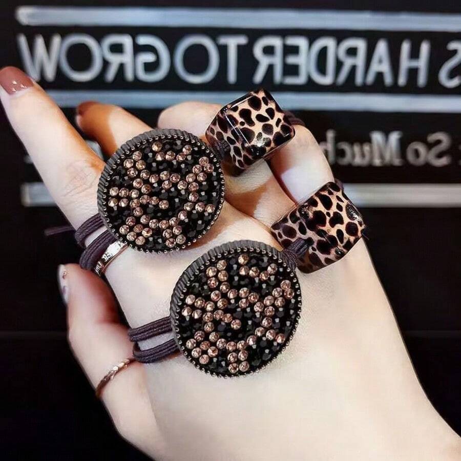 3pcs Girls' Simple Leopard Print Square & Round Buckle Rhinestone Knot Hair Ties, Exquisite Ponytail Hair Bands - Black - View 1