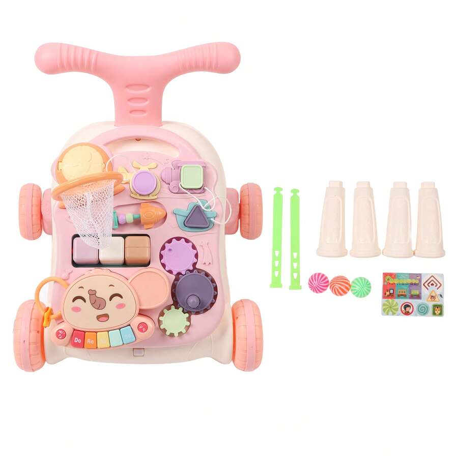 Baby Walker Detachable Piano Board Triangular Structure Play Panel Walk Learning Toy With Water Box Pink - Pink - View 1