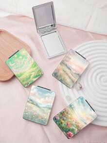 1PC Oil Painting Healing Style Landscape Series Portable Folding Lightweight Ultra-Thin Convenient Durable PU Leather Suitable For Multiple Scenes All People Folding Rectangular Small Mirror Portable Fresh Ins Style Unique Pastoral Sky Kitten Print Pattern Design Exquisite Delicate Folding Structure Durable Reliable - Multicolor - View 2