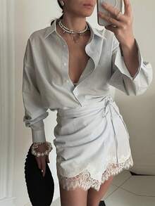 Light Blue Striped Shirt & Lace Trim Wrap Skort 2-Piece Set, Casual Preppy Co-Ord For Women - 藍色 - 查看 2