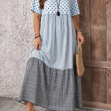 Nana's Women's Clothing Store Rosumi Vestido de verano informal de talla grande con bloques de color, rayas, lunares y estampado a cuadros - Amarillo - Ver 3