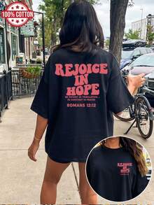 Minimalist. 100% Cotton. 1 Piece. [Double-Sided Print] Casual Loose-Fitting Women's Top For Spring/Summer. Vintage Style. Art Text: REJOICE IN HOPE, BE PATIENT IN SUFFERING..."IN CONSTANT IN PRAYER" ROMANS 12:12 Printed Short-Sleeved, Crew Neck, Pure Cotton, Oversized, Drop Shoulder T-Shirt [Chu]. Spring/Summer Top. - 黑色 - 查看 1