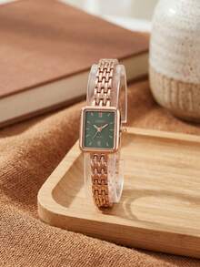 1pc/Set Rose Gold Green Dial Square Quartz Watch For Teen Girls, No Box, Back To School/Vacation Daily Wrist Watch - Green - View 5