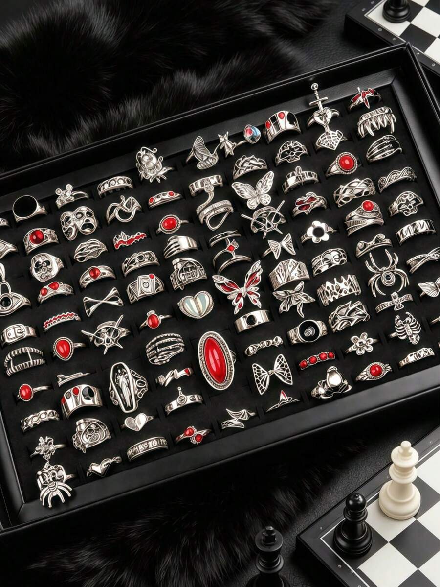 10/20pcs/Set Vintage Punk Gothic Style Unisex Rings, Big Eye Heart Shape Design, Holiday Party Gift For Friends, Daily Wear Jewelry