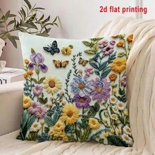 2入仿刺繡花卉蝴蝶抱枕套，2D平面印花仿刺繡，彩色雛菊與鳶尾花家居裝飾靠墊，法式鄉村風聚酯纖維材質拉鍊開合單面印花抱枕套，適用於臥室、客廳、沙發、床椅、農舍戶外露台裝飾 - 彩色 - 查看 1