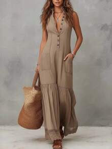 Sleeveless Jumpsuit With Buttons And Trim 2026 - 卡其色 - 查看 1