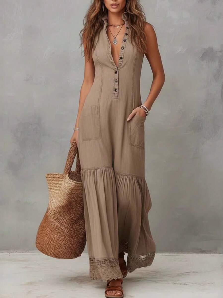 Sleeveless Jumpsuit With Buttons And Trim 2026 - 卡其色 - 查看 1