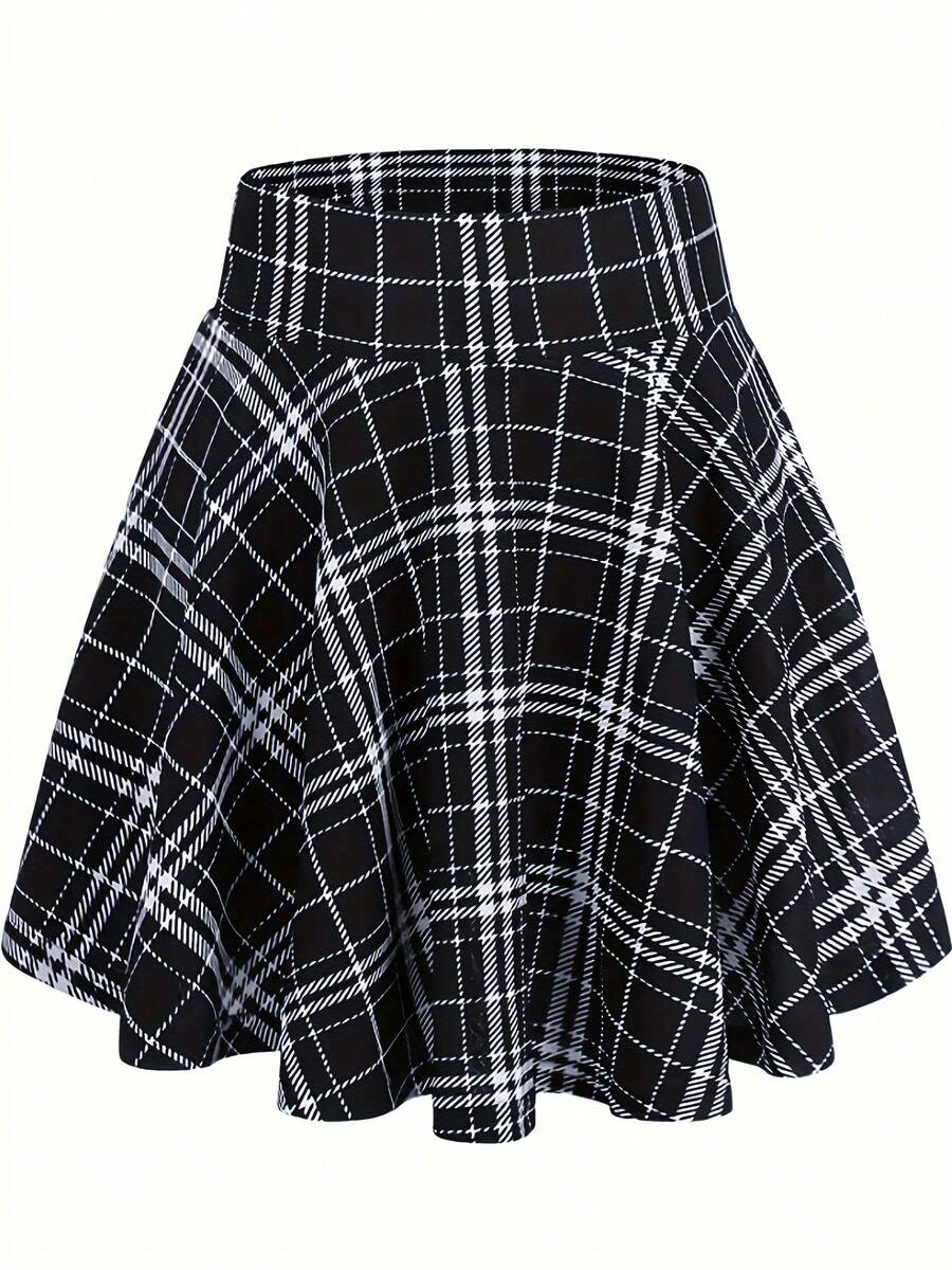 Nueva Falda de Talle Alto con Cordones y Estampado de Cuadros, Versátil y Esponjosa de Línea A - Lineas blancas y negras - Ver 1