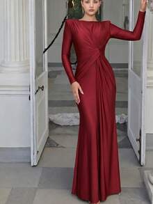 Pink Long Sleeve Pleated Long Dress, Autumn/Winter Spring Elegant Red - Red - View 3