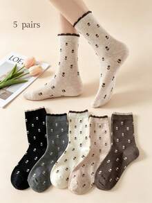 5/1Pair Women's Tulip Floral Crew Socks, Ruffle Trim Cute Socks,Soft Breathable Socks,Casual Mid-Calf Socks,All-Season Versatile Socks For Daily Wear - Multicolor - View 12