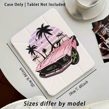 Funda protectora de tableta de cristal acrílico con efecto pintado de patrón de coche deportivo rosa y palmera, con soporte, plegable anti-doblez, esquinas reforzadas de silicona, función de activación/suspensión automática, ranura para lápiz integrada, soporte plegable multiángulo - Multicolor - Ver 3