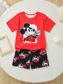 Disney [Licencia oficial] Conjunto de 2 piezas de camiseta de manga corta con cuello redondo y pantalones cortos con estampado de dibujos animados rojos para niños preadolescentes, suave y cómodo, adecuado para uso diario casual, interior/exterior, viajes y vacaciones - Rojo - Ver 5