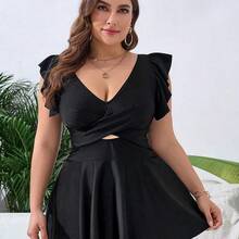 guang zhou mi qian shang mao Swim Lushoire Vestido de traje de baño sobre talla de unicolor con ribete de volantes para vacaciones de verano en la playa, en la piscina - Azul - Ver 6
