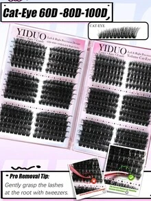 YIDUO 1548片 6款混色 D捲度簇狀接睫毛入門套裝，柔軟仿貂毛輕盈豐盈單根睫毛 8-18mm，含 2 件膠水與封口劑、卸除液，適合居家化妝初學者 DIY 全套 - 彩色 - 查看 6