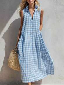 2026 Summer New Loose Comfortable Sleeveless Plaid Women's Dress - Blue - View 7