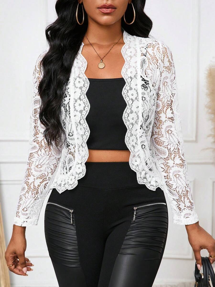 Lady Chaqueta elegante y casual de encaje con volantes, ideal para todo el año, para el ir y venir diario de las mujeres - Blanco - Ver 1