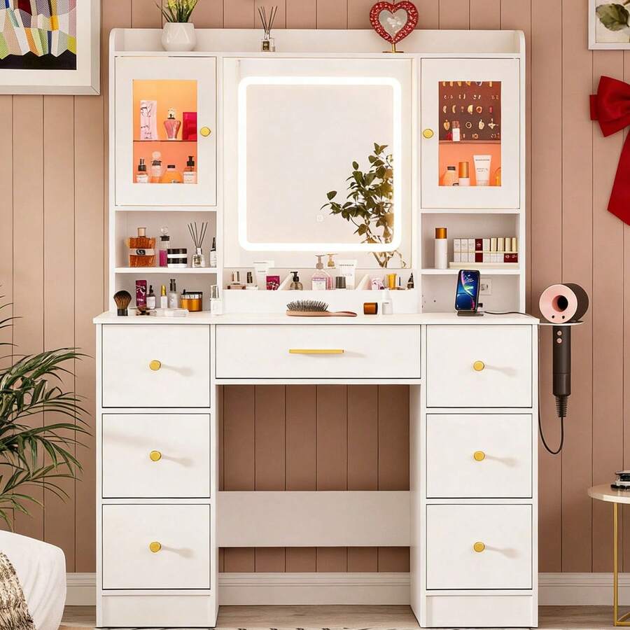 ✨[VIRAL VANITY|FYP]7 Drawers White Vanity Desk With Large Mirror-Gift For Her,3 Modes For Bedroom,Hairdryer Holder|Perfect Addition To Makeup Routine For Shows,Gatherings And Festivals!|Must-Haves To Stock Up On For Women|Birthday Party Gifts✨