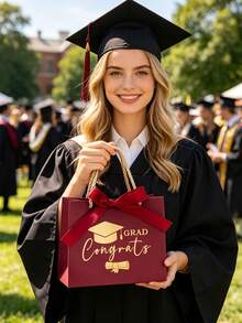 12pcs Graduation Gift Bags With Mortarboard Pattern And Satin Bow, Premium Matte Paper Bags With Twisted Rope Handles, Self-Assembly Required, Suitable For Gifts, Candy, Snacks And Small Favors, Multiple Colors, For High School And College Graduation Parties - Graduation Cap Paper Bag - View 3