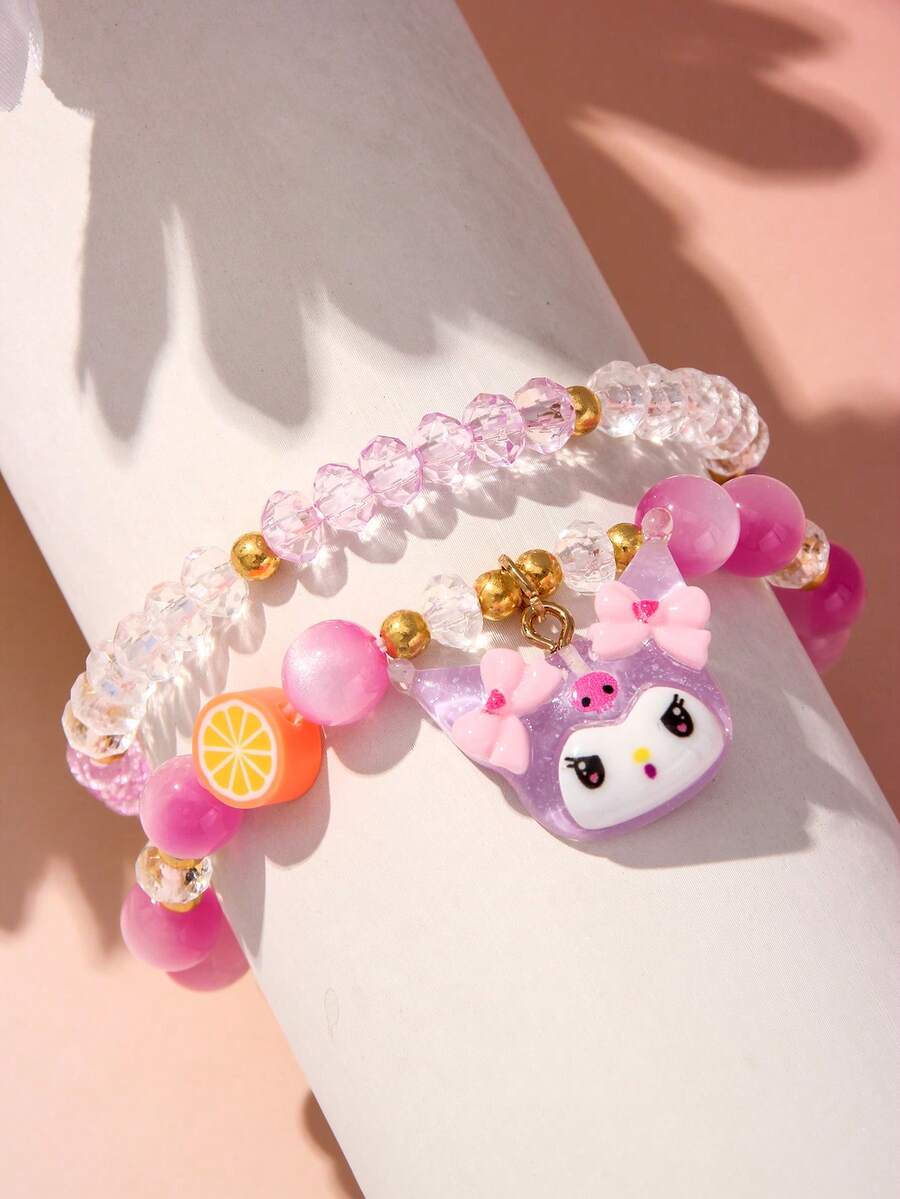 2/10pcs/Set Sanrio Cute Puppy Rabbit Pendant Lemon Polymer Clay Beaded Bracelet Bangle Wristband Jewelry, Suitable For Holiday Party School Birthday Gift For Girls - Multicolor - View 1