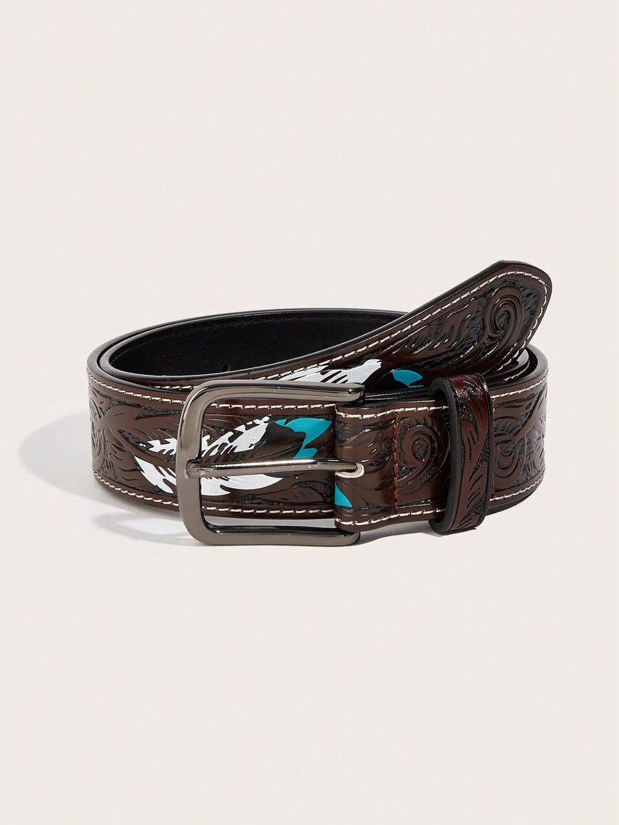 1 pieza Cinturón marrón con hebilla cuadrada vintage grabada, adecuado para el estilo vaquero occidental - Multicolor - Ver 1