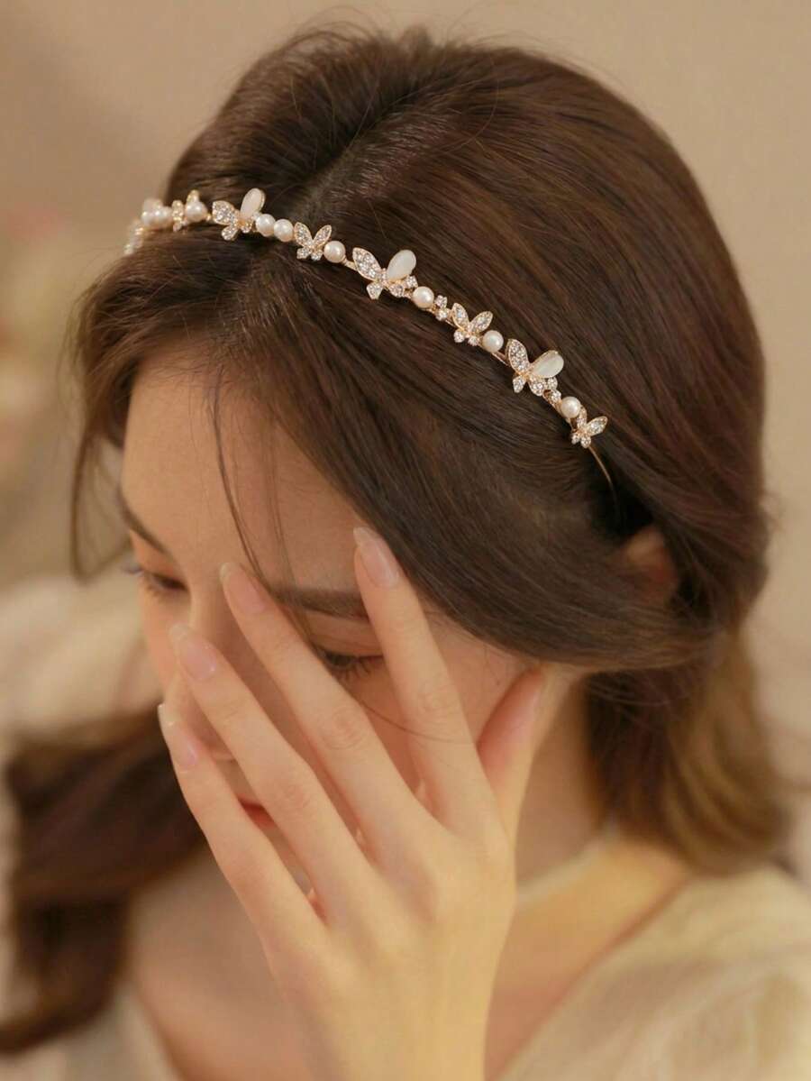 1件極簡合金髮箍,飾有仿珍珠、花朵與水鑽裝飾,適合女性,金色髮飾,新娘裝飾,髮帶,髮圈 - 米色 - 查看 1