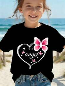 Camiseta de manga corta con cuello redondo para niñas, con estampado de corazón "ángel", estilo casual diario para primavera/verano, súper linda y kawaii. Camiseta de manga corta casual para hombre, transpirable y para uso en exteriores. Camiseta de manga corta Primavera/Verano 2026 con estilo de moda americana, estampada para jóvenes, con diseño de cuello redondo que es genial y versátil para uso casual, talla grande. - Multicolor - Ver 1