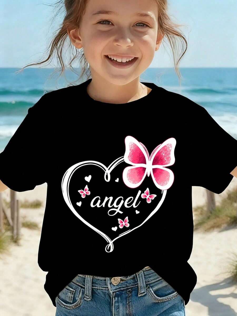 Camiseta de manga corta con cuello redondo para niñas, con estampado de corazón "ángel", estilo casual diario para primavera/verano, súper linda y kawaii. Camiseta de manga corta casual para hombre, transpirable y para uso en exteriores. Camiseta de manga corta Primavera/Verano 2026 con estilo de moda americana, estampada para jóvenes, con diseño de cuello redondo que es genial y versátil para uso casual, talla grande. - Multicolor - Ver 1