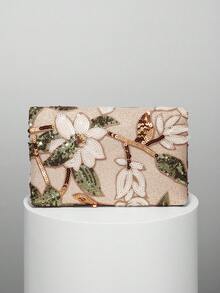 優雅亮面多色葉片與花卉拼接晚宴手拿包，刺繡手提包，附鏈條背帶信封包，適合派對女孩、新娘、大學生、年輕職場人士，適用派對、舞會、婚禮，可完美搭配派對配件，花色隨機發貨，週年紀念禮物 - 金色 - 查看 7