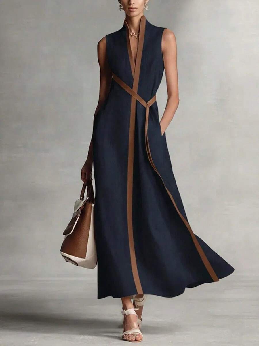 Elegant Navy Linen Maxi Dress Stand Collar Sleeveless V-Neck With Brown Trim Wrap Waist Flowy A-Line Dress Minimalist Chic Style For Work & Formal Eve - 深藍色 - 查看 1