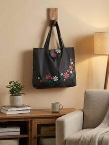 Bolsa de compras reutilizable con diseño de flor de hoja negra, bolsa plegable de gran capacidad, duradera y lavable - Negro - Ver 5