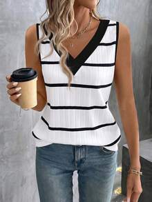 top de tirantes casual y versátil con cuello en V, estampado de bloques de color y rayas para mujer, primavera/verano - Multicolor 2 - Ver 1