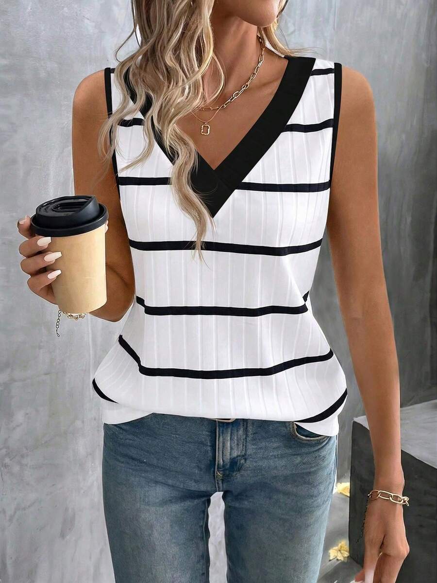 top de tirantes casual y versátil con cuello en V, estampado de bloques de color y rayas para mujer, primavera/verano - Multicolor 2 - Ver 1