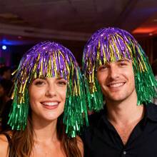 1pc Festive Party Headpiece Purple Gold Green Tinsel Rain Hat Masquerade Costume Shiny Color Block Striped Wig - A - View 2