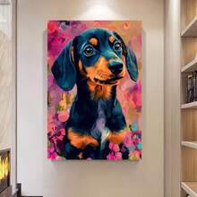 Enmarcado 1 lienzo enmarcado para pared - Cachorro de perro salchicha con flores vibrantes, póster vertical artístico para decoración del hogar, oficina o dormitorio, decoración de primavera para interiores y exteriores, regalo para el Día de la Madre, Pascua o graduación, decoración para perros, obra de arte de colores vivos | Marco decorativo - Enmarcado - Ver 2