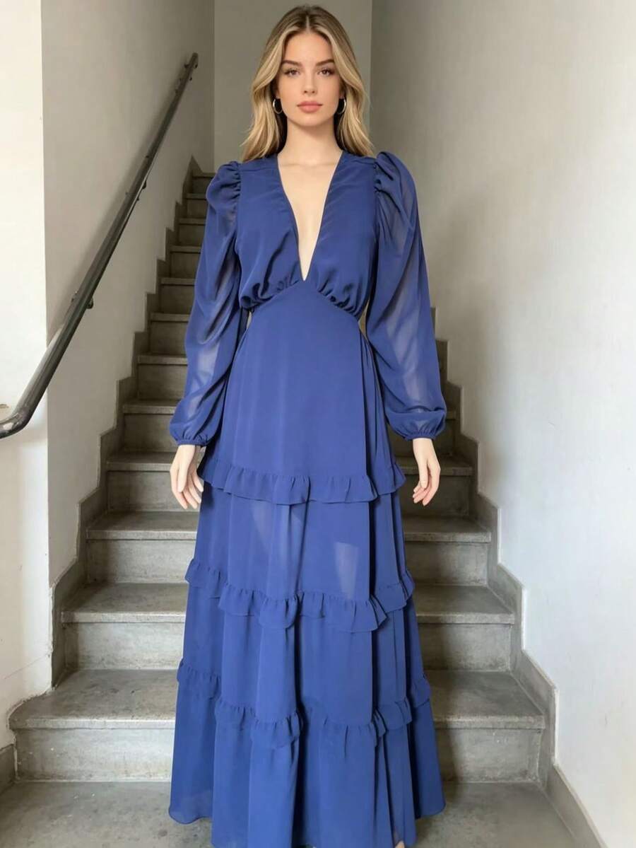 Women's Long Chiffon Dress With Long Sleeves, V-Neck, Ruffled Hem And Lining. - azul real - Ver 1